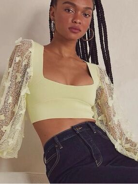 Free People Lace Sleeve Crop Top - Light Yellow